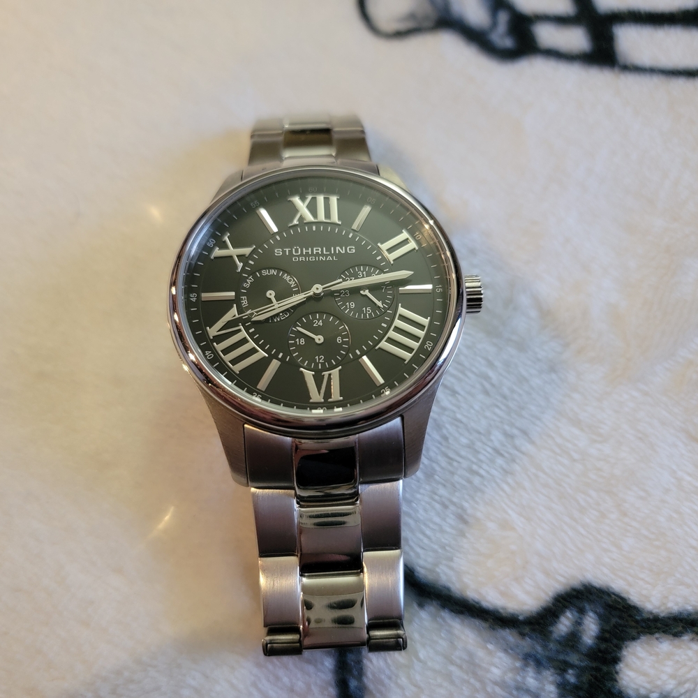 Stührling Silver Watch with Black Dial